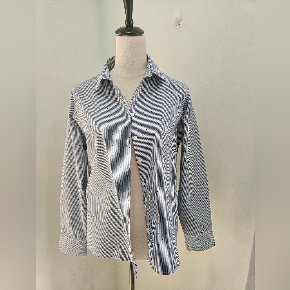 Lands’ End Women’s No Iron Supima Shirt Blue Stripe Dot Button Down 12P